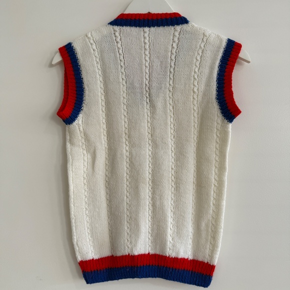 Retro Cable Knit Sweater Vest White Red Blue Trim Preppy V-Neck Vtg Tennis XS/Sm - Picture 3 of 3